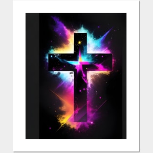 Cross in Neon Nebula Posters and Art